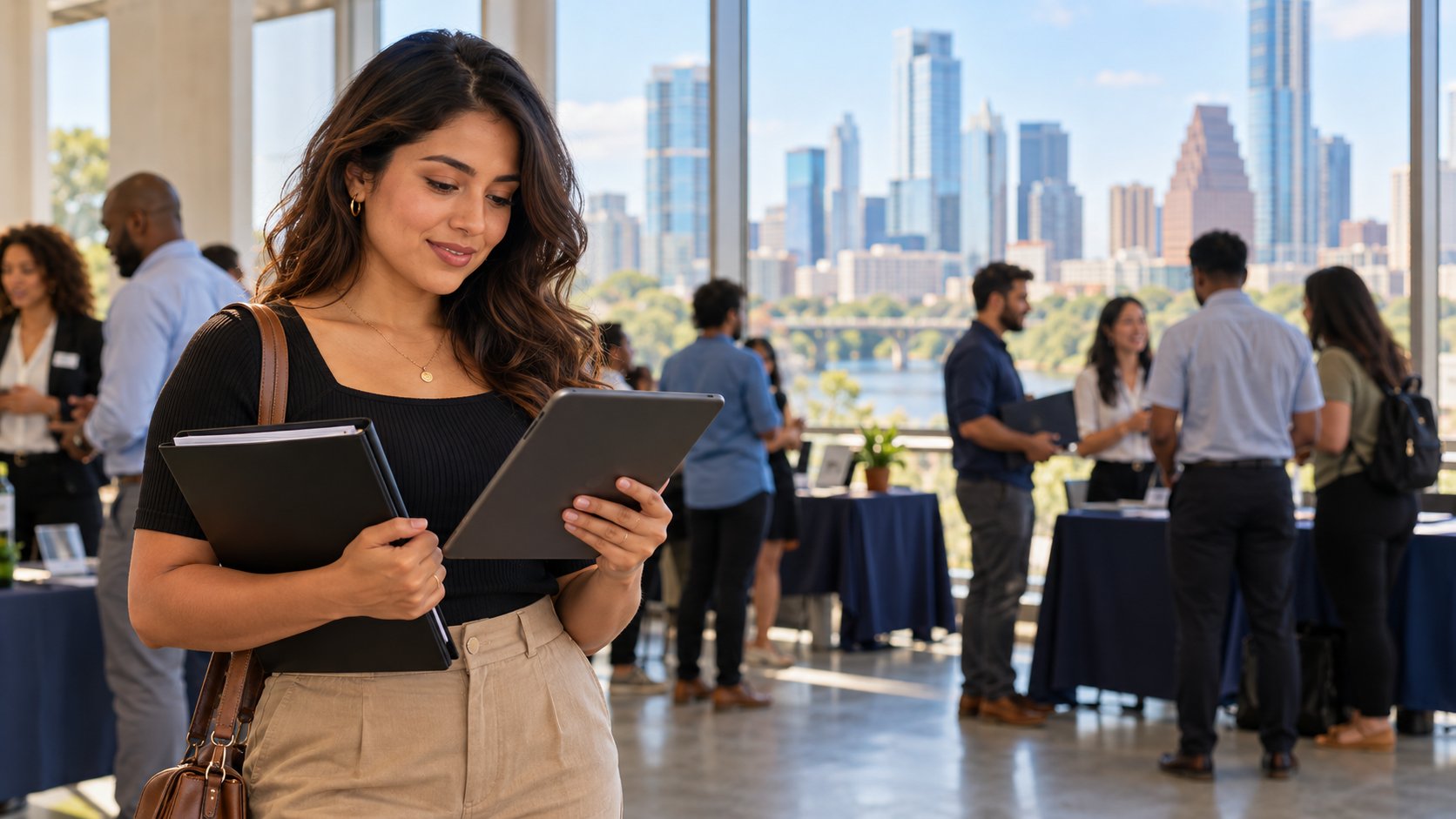 Mujer hispana revisa ofertas de empleo en una feria de trabajo con el skyline de Austin de fondo